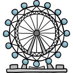 a ferris wheel with blue balls on it's rim and wheels in the middle