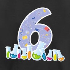 the number six is made up of different colored letters and numbers on a black t - shirt