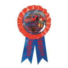 a red and blue award ribbon with an image of a fish on it's side