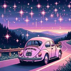 a painting of a car driving down a road at night with stars in the sky