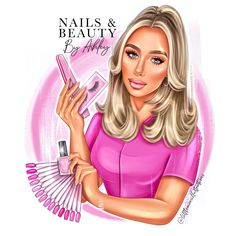 a drawing of a blonde woman holding a fan and nail polish in her hand with the words nails & beauty written on it