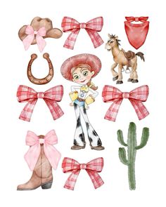 a watercolor drawing of cowboy girl and her accessories