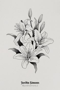 a black and white drawing of flowers with the words, john simons on it