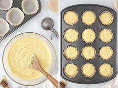 cupcakes being made in muffin tins on a marble counter top and then topped with batter