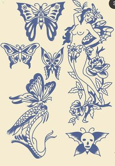 some blue and white tattoos with different designs on the front, side, and back