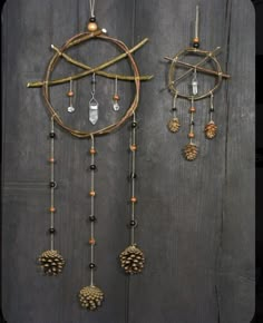 an assortment of pinecones hanging on a wooden wall with beads and chains attached to it