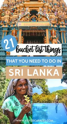 images included on a sri lanka travel guide pin, with a hundu temple, adorned in gold paintwork and dozens of colourful figures, tamal women with head covering smiles for the camera, holding a tea leaf in her hand, blonde girl in white shirt walks across the edge of an infinity pool set amongst trees and jungle, with mountains in the background Sri Lanka Itinerary, Ella Sri Lanka, Kandy Sri Lanka, Sri Lanka Beach, Asian Travel, Sri Lanka Travel, Asia Travel Guide, Perfect 10, Amazing Travel