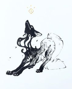 a black and white drawing of a fox