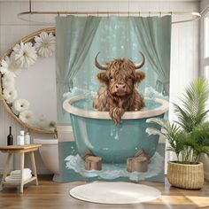 a shower curtain with a painting of a cow in a bathtub