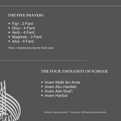 the four thoughts of school info sheet with information about five prayers in english and arabic