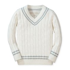 Stay sharp in our preppy cable knit cricket sweater in plush organic cotton. Beautiful cable knit adorns the entire sweater and is trimmed in contrasting stripes at the neck, sleeves and hem. This is a sweater to treasure and pass down for years to come. 100% Organic Cotton, exclusive of trims. Garment is 100% GOTS-Certified Organic. Learn more about certifications here. Certificate #: ONE-2924 Cable knit throughout entire sweater. Contrasting stripes at the neck, sleeve cuffs, and bottom hem. M Cricket Sweater, Tennis Sweater, Boys Long Sleeve, Soft White, Quality Clothing, The Well, Cable Knit, Pullover Sweaters, Fitness Fashion