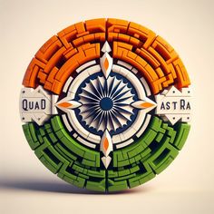 a circular object with an orange, green and white design on the side that says quad astra