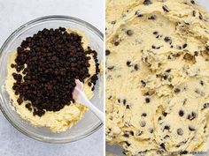 two pictures side by side one shows batter and the other shows chocolate chip cookie dough