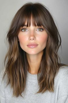 26 Low Maintenance Brunette Balayage Ideas Brunette Long Bob With Curtain Bangs, Fair Skin With Brown Hair, Face Framing Highlights Asian, Beige Peekaboo Hair, Medium Length Brown Hair With Curtain Bangs, Dimensional Brunette With Bangs, Cool Brunette Highlights, Bangs And Brown Hair, Neutral Balayage Brunettes