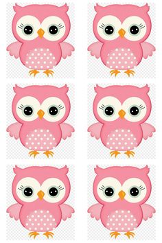 four different pink owls with big eyes