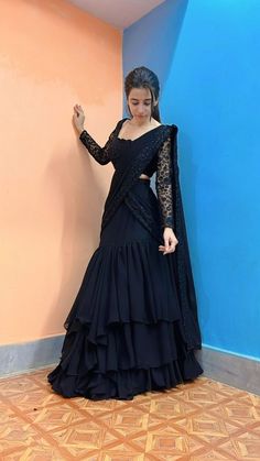 Designer Black Saree, Dresses Of Saree, Part Wear Dresses Designs, Ready To Wear Saree For Wedding, Black Ready To Wear Saree, Black Saree Blouse Ideas, Dresses With Sarees, Black Lehenga Designs, Lehenga With Saree