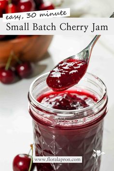 a spoon full of cherry jam with text overlay