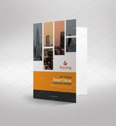 a brochure that is designed to look like an orange and white cityscape