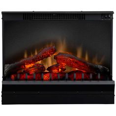 an electric fireplace with flames and logs