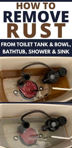 Image reads "how to remove rust from toilet tank & bowl, bathtub, shower & sink." Image #1 is the interior of rusty toilet tank with rusty water. Image #2 is the clean interior of toilet tank after learning how to remove rust from toilet tank. Bowl Bathtub, Cleaning Toilet Tank, Toilet Bowl Cleaner Diy, Best Toilet Bowl Cleaner, Toilet Tank Cleaner, Clean Toilet Bowl Stains, Toilet Bowl Stains, Toilet Cleaning Hacks, Toilet Stains