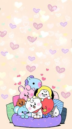 a group of teddy bears sitting on top of a bed with hearts in the background