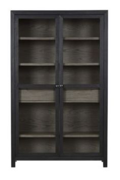 an open bookcase with wooden shelves and glass doors on the front, side view