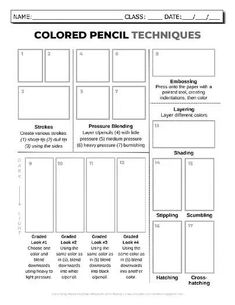 the printable worksheet for colored pencil techniques is shown in black and white