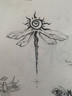 a drawing of a dragonfly with two eyes and an eyeball on it's back