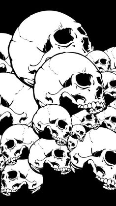 a bunch of skulls sitting next to each other on top of a black background with white outlines