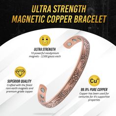 ☑️ SUPERIOR MAGNETS – Say goodbye to pills & needles and experience the benefits of this effective copper magnetic bracelet today! Our copper cuff bracelet contains 10 powerful neodymium magnets, each 3,500 gauss strength, which effectively targets aches and discomfort in the wrist. Your body will appreciate this all-natural, non-invasive alternative approach to feeling better! ☑️ PREMIUM QUALITY – Handcrafted with 99.9% pure copper for enhanced properties and effectiveness. The copper bangle ha Copper And Magnets, Copper Bracelet Benefits, Copper Cuff Bracelet, Feeling Better, Copper Cuff, Rare Earth Magnets, Neodymium Magnets, Bracelet Cuff, Copper Rings