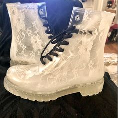 Workshop G-Six Ginny White Lace Translucent Rainboot Size 6.5. Very Bold And Trendy! Tip: Boot Lace Can Be Changed Out To Different Colors And Also Can Match Socks! Make It Fun! If Any Questions Please Let Me Know. Ty For Visiting My Closet. White High Heel Boots With Laces, White Waterproof Lace-up Boots, Trendy White Waterproof Boots, White Ankle Boots With Laces, White Waterproof Boots, Lace Boots, White Lace, Rain Boots, Stylish Outfits