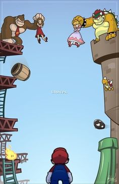 an image of some cartoon characters in the air with one person on top of a tower