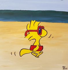 a painting of a cartoon character running on the beach