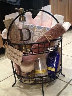 a basket filled with personal care items on top of a kitchen counter