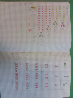 two sheets of paper with numbers and scissors on them, one is lined in rows