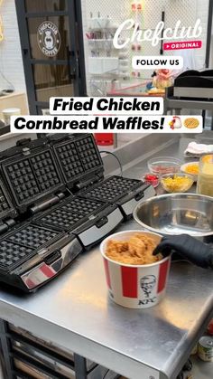 fried chicken and cornbread waffles are on the counter