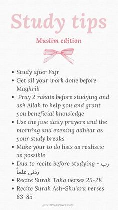 a white sheet with pink writing on it and the words, study tips muslim edition