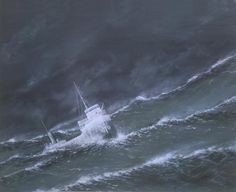 a painting of a boat in rough seas