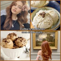 a collage of pictures with coffee and desserts in them, including an image of a woman sitting at a table