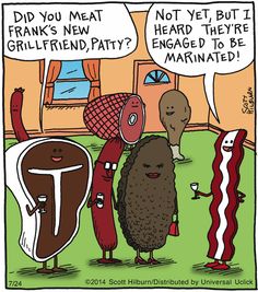 two hot dogs and three sausages are talking to each other