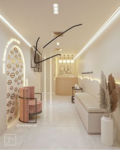 the interior of a modern beauty salon with white walls and flooring, lighted by recessed lighting