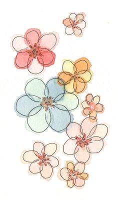 four different colored flowers on a white background