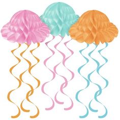 three different colored paper pom poms in the shape of jellys on a white background