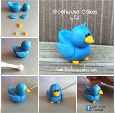 there is a blue bird made out of fondant icing and some other pictures