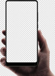 a hand holding an iphone with a white screen in the middle, on a transparent background