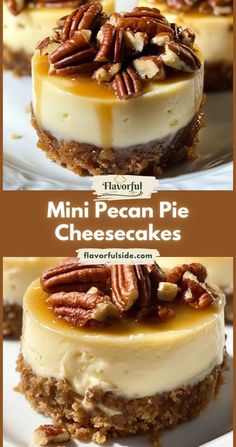 two pictures of cheesecakes with pecans on top