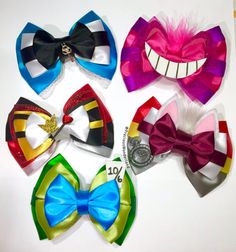 four different types of bow ties are shown in this image with the words alice in wonderland written on them