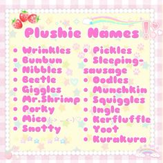 a pink and white poster with the words pushie names on it's side