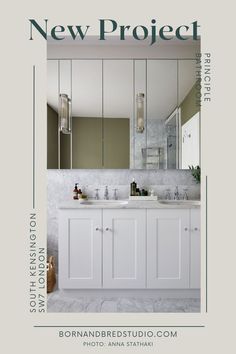 a white bathroom with two sinks and large mirrors on the wall above it is an advertisement for new project