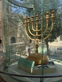 a large golden menorah sitting on top of a display case in a museum